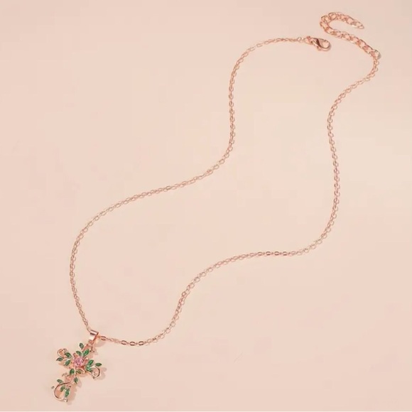 Flower and Cross Elegant Fashion Necklace, Faux Diamond Leaf w Dainty Chain - Picture 2 of 2